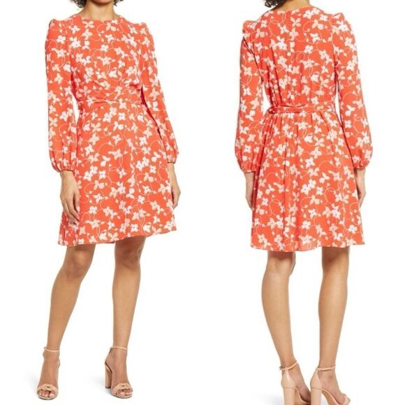 Eliza J NWT Floral Long Sleeve Crepe Dress in Poppy Size 2 - Picture 1 of 12